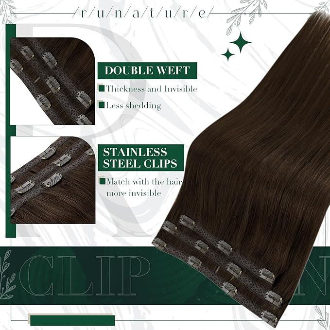 RUNATURE Brown Clip in Hair Extensions, Real Human Hair Clip in Extensions, Short Hair Extensions Clip Ins 10 Inch, Double Weft Remy Natural Hair, Tangle Free, 50g 3pcs #2 Dark Brown
