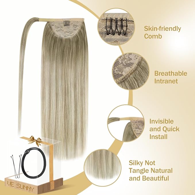 Ve Sunny Hair Extensions Ponytail Real Human Hair Wrap Around Clip in Ponytail Hair Extensions Straight Extensions Human Hair for Women Ash Grey Balayage Platinum Blonde 20inch 80G