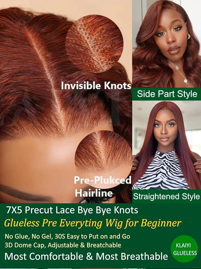 KLAIYI Bye Bye Knots Glueless Wig Reddish Brown Body Wave 7x5 Pre Cut HD Lace Front Wigs Human Hair Put On And Go Wig Pre Bleached Pre Plucked with Baby Hair 30S Ready To Wear 150% Density Full 26Inch