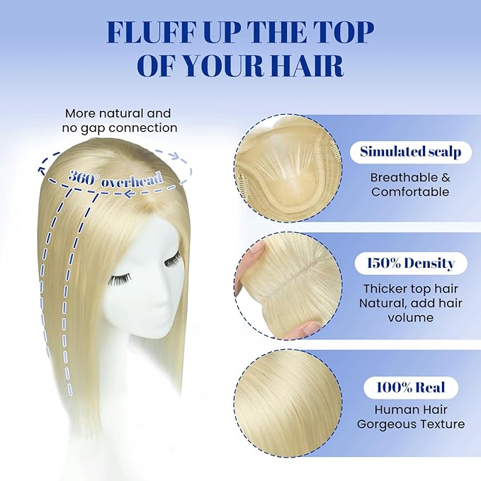 WORLDSTAR Human Hair Toppers for Women Real Human Hair No Bangs 6 * 7 Inch Base 12 Inch 55g #60 Platinum Blonde Hair Topper for Women with Thinning or Grey Roots (tp#60-12