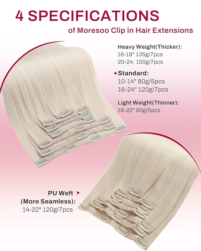 Moresoo White Blonde Human Hair Clip in Extensions Invisible Double Weft Clip in Human Hair Extensions Blonde Long And Straight Remy 80g/5pcs 18 inch