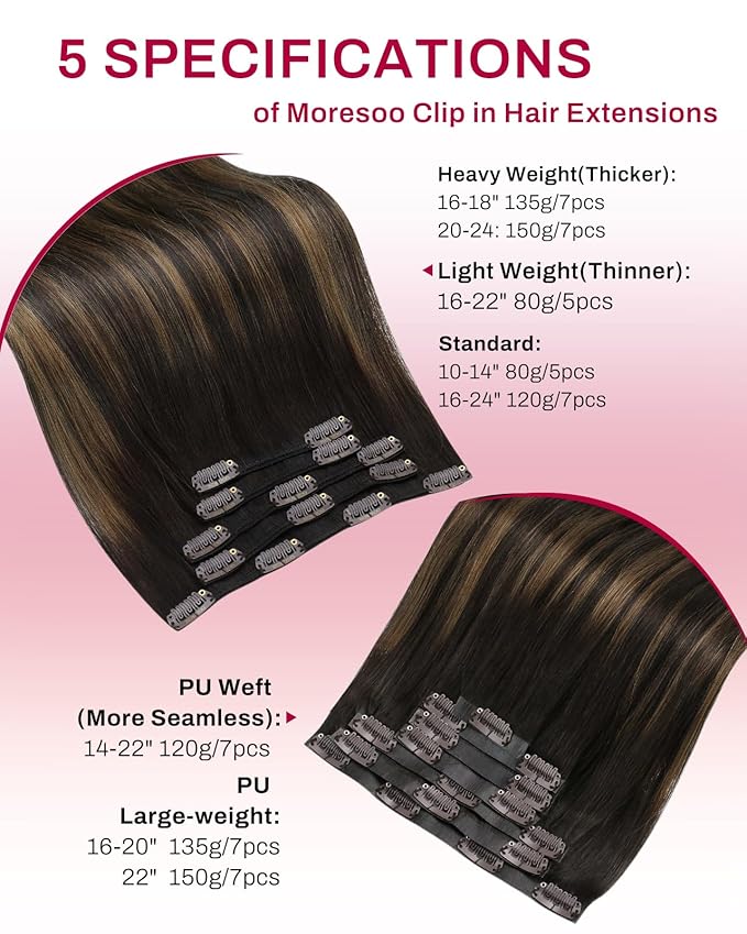 Moresoo Clip in Hair Extensions Real Human Hair Balayage Dark Brown with Chestnut Brown 5pcs 80g Remy Straight Invisible Double Weft Ombre Human Hair Clip in Extensions 16inch