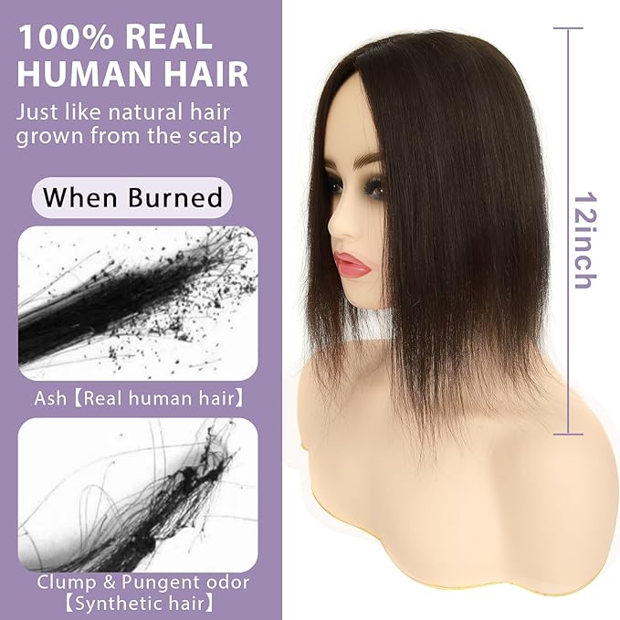 Hair Toppers for Women Real Human Hair, 3x5 Inch Injected Silk Base 12 Inch Length 130% Density No Bangs Hairpieces #1C Natural Black (Subtle Red Undertones in Sunlight)