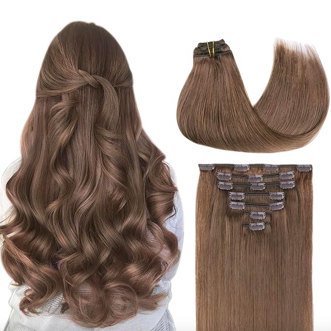 GOO GOO Clip in Hair Extensions Real Human Hair, Remy Human Hair Extensions Clip ins for Women, Natural Human Hair, 20inch 160g 7Pcs, #5 Light Ash Brown