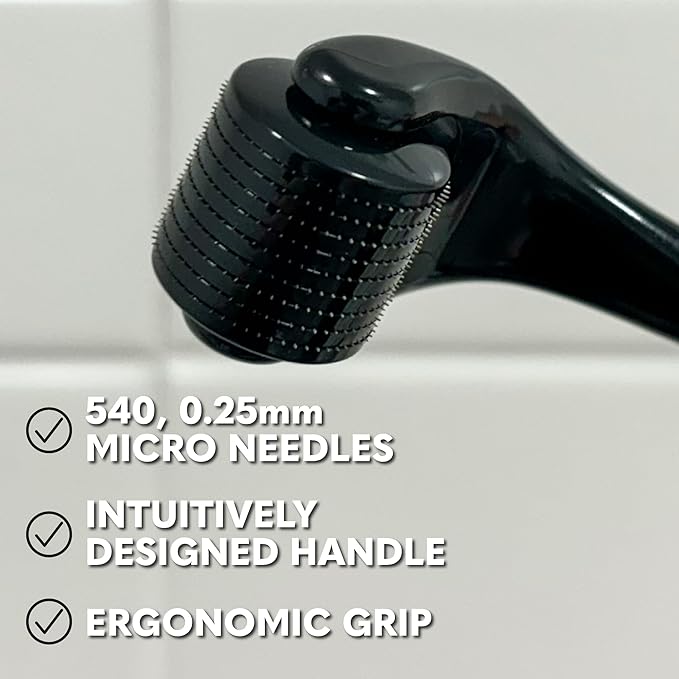 The Beard Club Derma Roller for Face, Body and Scalp - Microneedling for Men and Women with 540 Titanium Microneedles - Beard Roller & Micro Needling Scalp Hair - Gray & Black