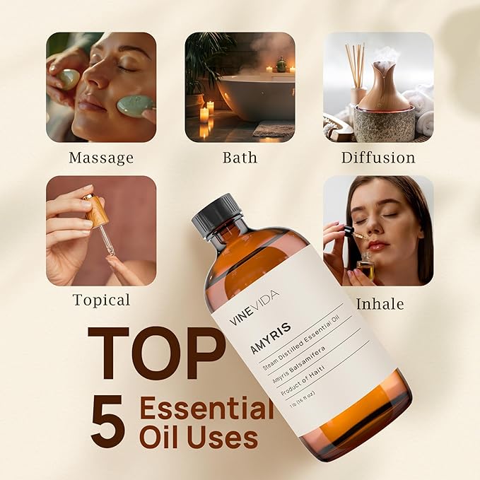 VINEVIDA Amyris Essential Oil 16 oz - Undiluted Oil for DIY Candles & Soap Making - Safe for Skin