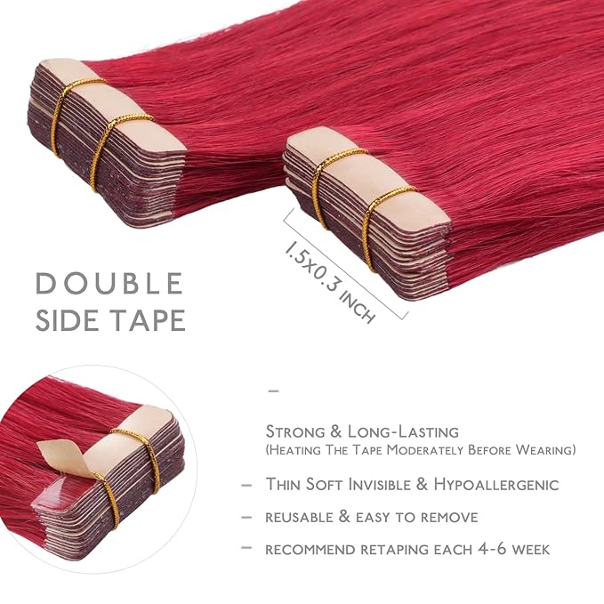 WENNALIFE Tape in Hair Extensions Human Hair, 20pcs 50g 14 inch Red Remy Hair Extensions Straight Human Hair Tape in Extensions Skin Weft Tape Extensions Human Hair