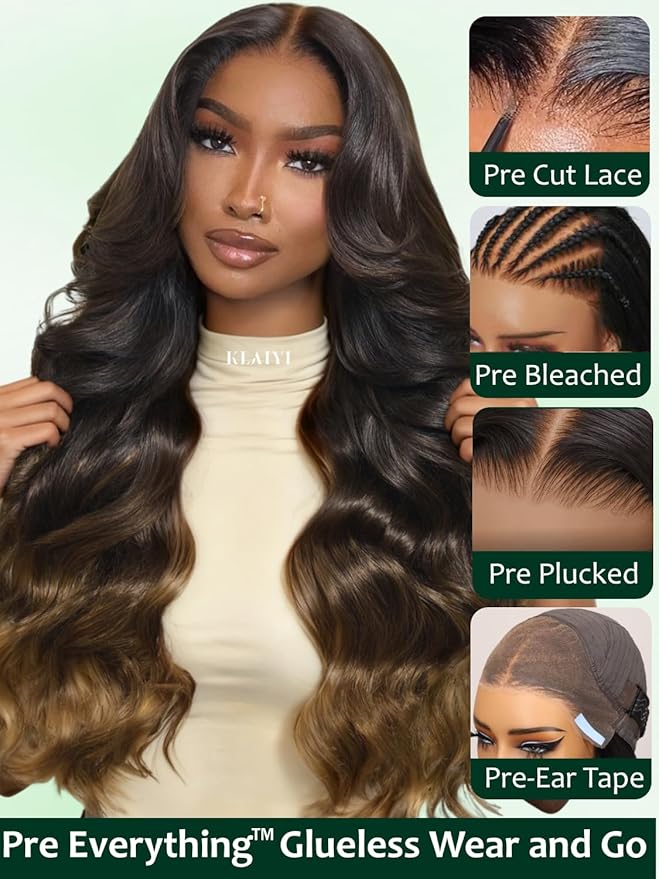 KLAIYI Ombre Brown Loose Body Wave 13x4Pre Everything Lace Frontal Chestnut Brown Drawstring Wig with Face Framing Layers Precut Lace Pre Plucked Bleached Bye Bye Knots Ready to Wear and Go Wig 20Inch