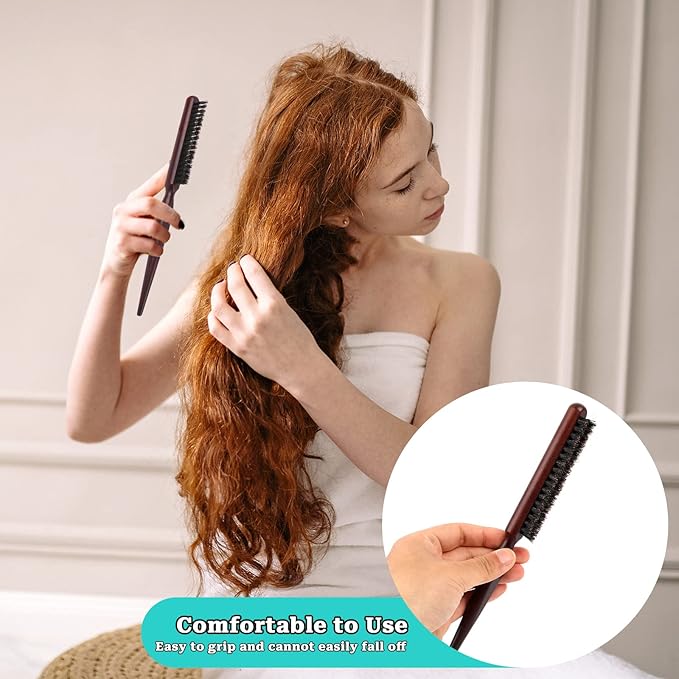 Boar Bristle Styling Brush with Rat Tail for Curly Hair Sectioning, Backcombing, and Smoothing