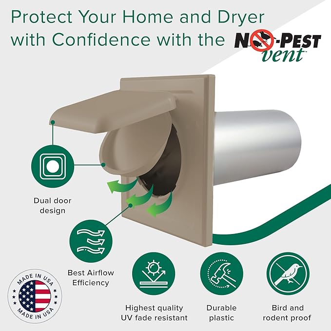 NO-PEST VENT, Exclusive Dual Door Dryer Vent Cover Outdoor 4 inch with Collar, Made in USA w Highest UV Resistant Plastic in any Outdoor Vent Cover (Wood Stock Brown, 4" Plastic WIth Collar)