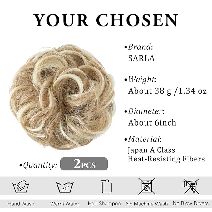SARLA 2PCS Messy Hair Bun Hair Pieces Wavy Curly Synthetic Updo Fake Scrunchies Ponytail Extension for Women Dirty Blonde