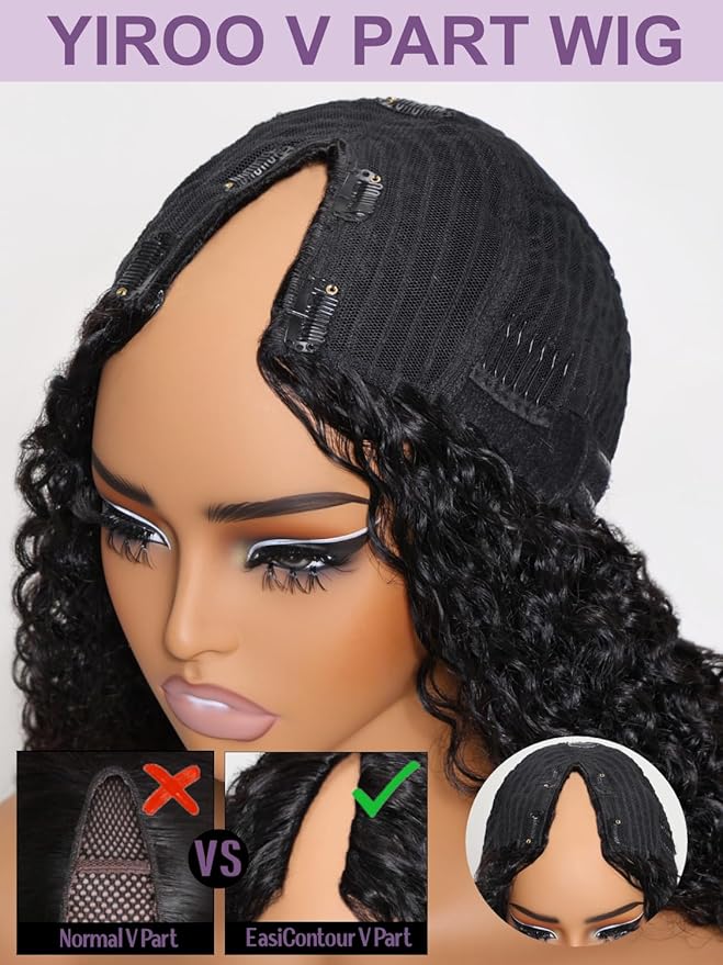 YIROO EasiContour V Part Wigs Ombre Brown Glueless Human Hair Upgrade U Part Wig with Dark Roots Highlight V Shape Clip Wigs Beginner Friendly with Drawstring Ready to Wear Chestnut Brown Color 24Inch