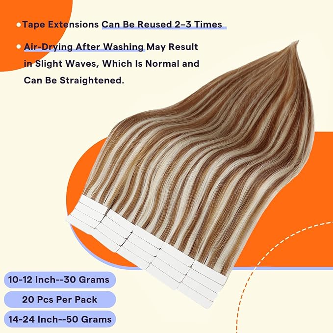 Full Shine Hair Extensions Tape in 12 Inch Remy Natural Tape in Extensions Real Human Hair for Women Color 330 Auburn Highlight 800 Blonde Double Sided Tape Ins Human Hair Extensions 20PCS 30grams