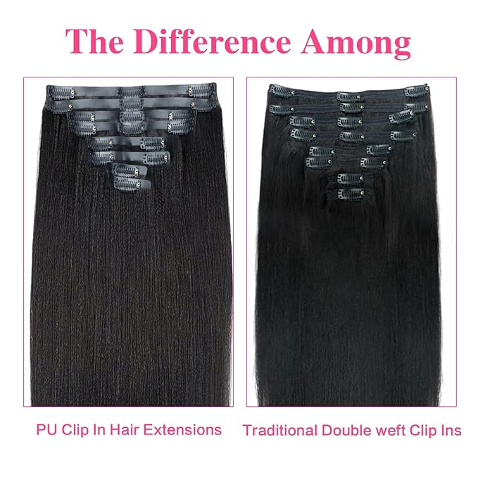 Seamless PU Yaki Straight Clip in Hair Extensions Real Human Hair For Women Invisible Yaki Straight Clip ins (12inch,#1B)