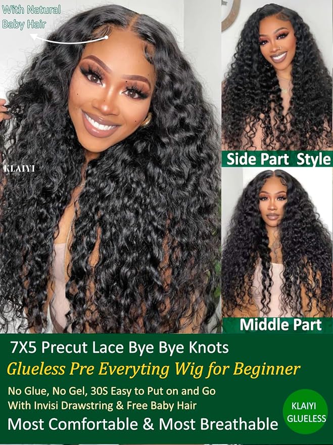 KLAIYI Water Wave Bye Bye Knots Glueless Wig Human Hair 7x5Precut Lace Front Pre Plucked Bleached Wear and Go Wig with Curly Baby Hair Drawstring 3S Ready to Go Pre Everything Beginner Friendly 28Inch