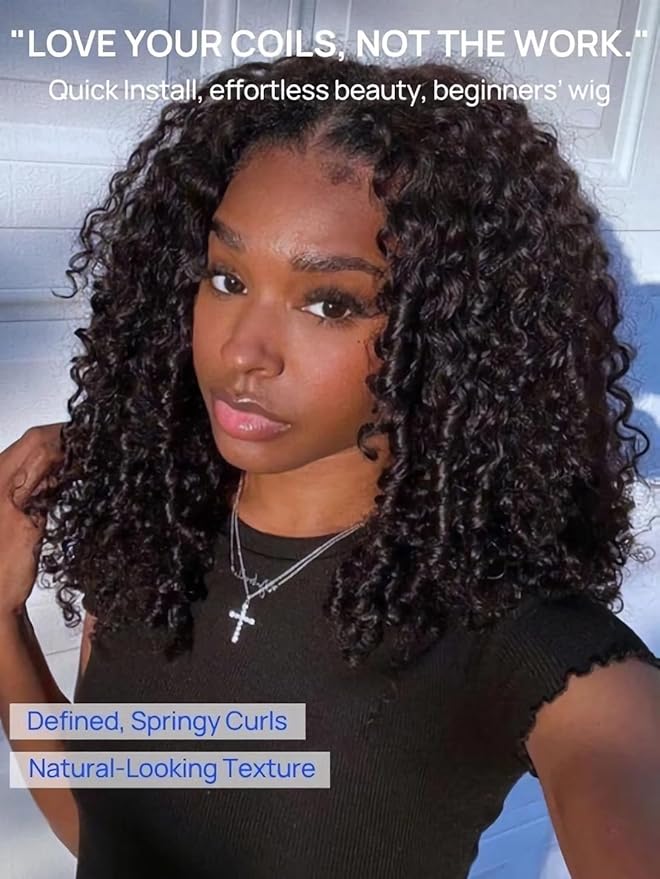 Julia Hair 7x5 Lace Water Curly Texture Wig With Finger Coil Ends Glueless Wigs Human Hair Put On and Go Invisible Lace Pre Plucked Pre Cut Bleached Knots Natural Hairline 26 Inch