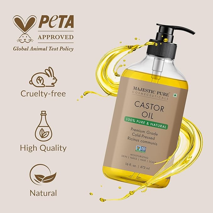 Majestic Pure Castor Oil - 100% Pure & Natural - Premium Grade, Cold Pressed, Hexane Free - Hair, Eyelashes, Eyebrows, Nails - Moisturizing & Nourishing - 16 Fl Oz