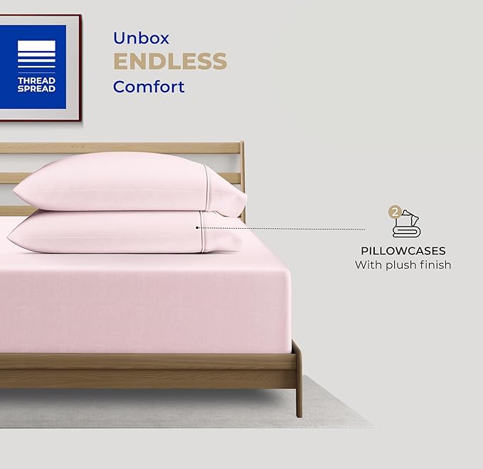 THREAD SPREAD 100% Cotton Pillowcases Standard/Queen Size Set of 2-400 Thread Count Cotton Pillowcases, Soft Cooling Sateen Weave Pillow Cases for Sleeping, Set of 2 Pillow Covers (Soft Blush)
