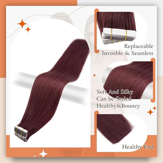 Full Shine Tape in Hair Extensions Real Human Hair Color 99J Tape in Extensions Seamless Invisible Skin Weft 24Inch Long Straight Extension Soft Silky for Daily Office Look 100G 40Pcs