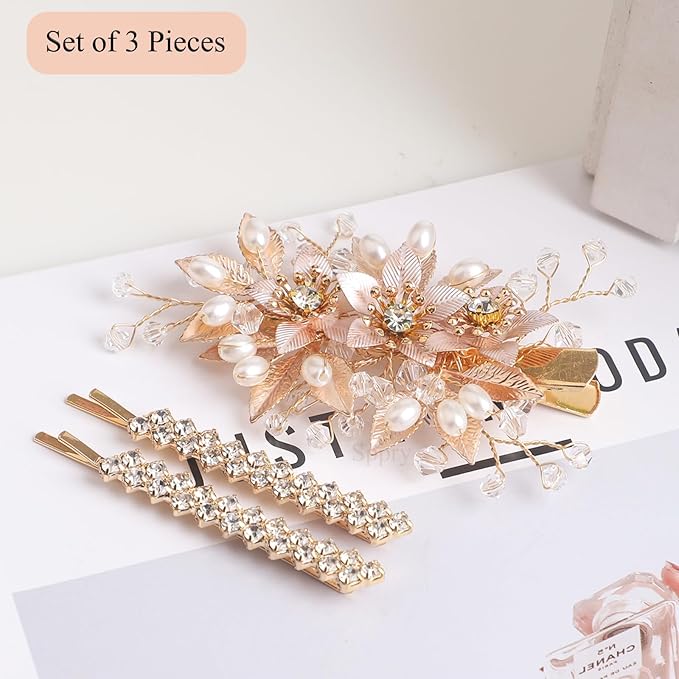 Floral Crystal Pearl Alligator Hair Clip and Rhinestone Bobby Pins, Elegant Hair Accessories for Bridal Women in Wedding or Prom, Set of 3 (Gold)