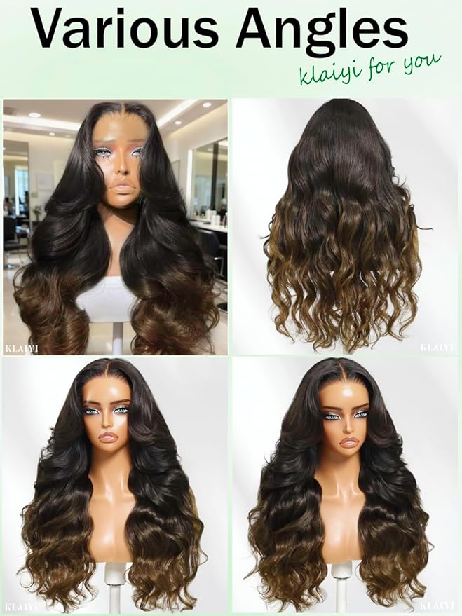 KLAIYI Ombre Brown Loose Body Wave 13x4Pre Everything Lace Frontal Chestnut Brown Drawstring Wig with Face Framing Layers Precut Lace Pre Plucked Bleached Bye Bye Knots Ready to Wear and Go Wig 18Inch