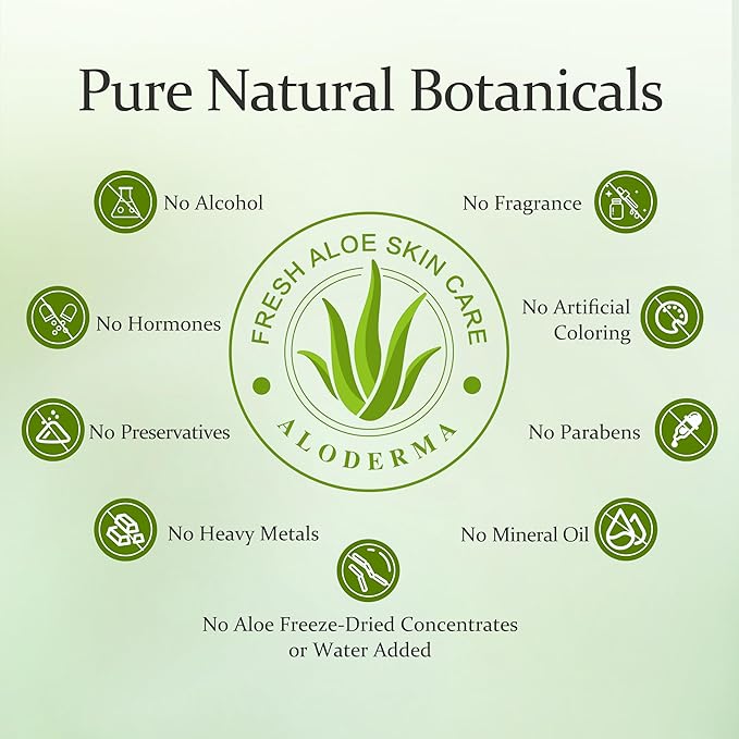 Aloderma 99% Organic Aloe Vera Gel Made within 12 Hours of Harvest - Lightweight, Non-Sticky Aloe Gel for Face Body, Hair, & Scalp, After Sun Relief, Natural, Soothing Hydrating Aloe Gel, 10.6oz