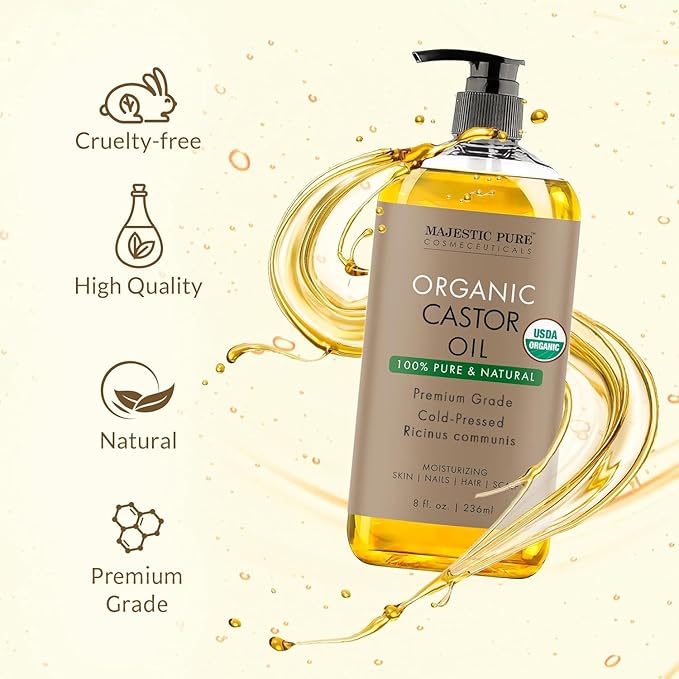 Majestic Pure Organic Castor Oil 8 Fl Oz - 100% Pure and Natural - Premium Grade Carrier Oil - Hair, Eyelashes and Eyebrows - Hair Oil and Body Oil - Cold Pressed - Hexane Free