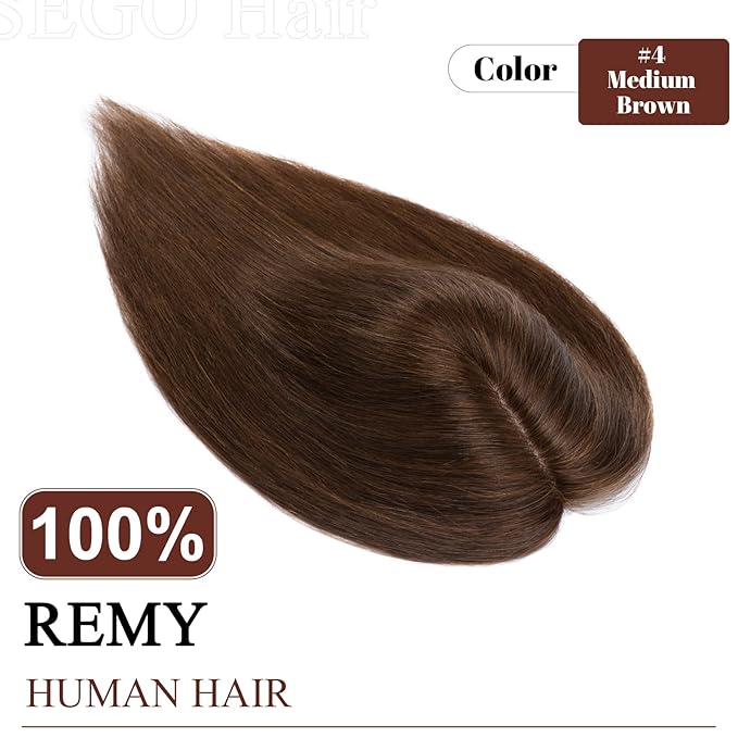 SEGO Real Human Hair Topper for Women, No Bangs Hair Topper with Anti-Slip Clips (16 Inches Medium Brown)