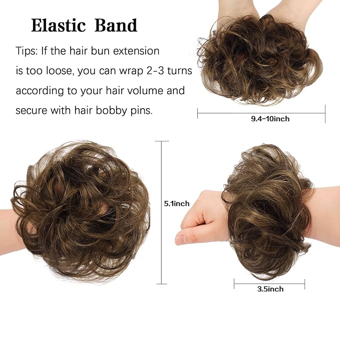 FESHFEN Human Messy Buns - 100% Human Hair Bun Real Scrunchies Hair Pieces Ponytail Extensions Wavy Tousled Updo Chignon Hairpieces for Women，Dark Brown Mixed Blonde