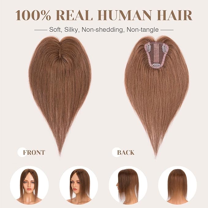 S-noilite Hair Toppers for Women Real Human Hair 3D 360° Cover Clip in 100% Real Human Hair Toppers 3″*4″ Clip in Silk Base 12 inch Light Brown
