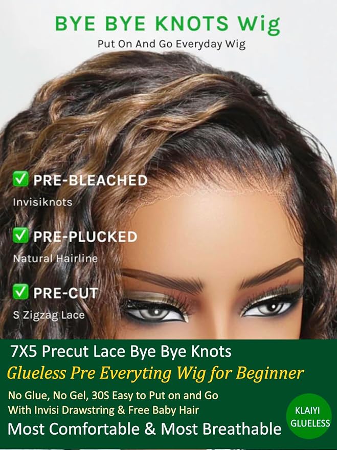KLAIYI Golden Brown Water Wave Bye Bye Knots Glueless Wig Human Hair Highlight 7x5 Precut Lace Front Pre Plucked Bleached Ombre 3S Ready to Wear Go Beginners Wig with Dark Roots Deep Curly Wave 18Inch