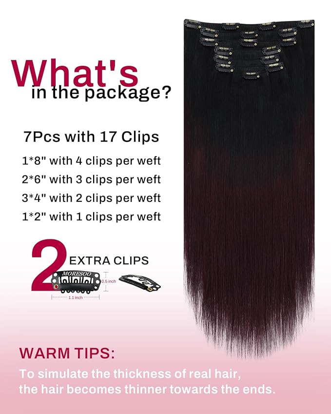 Moresoo Clip in Hair Extensions Dark Red Hair Extensions Clip ins Long Black to Burgundy Ombre Double Weft #1B/99J Balayage Natural Black to Deep Wine Red Long And Straight 120g/7pcs 20 inch