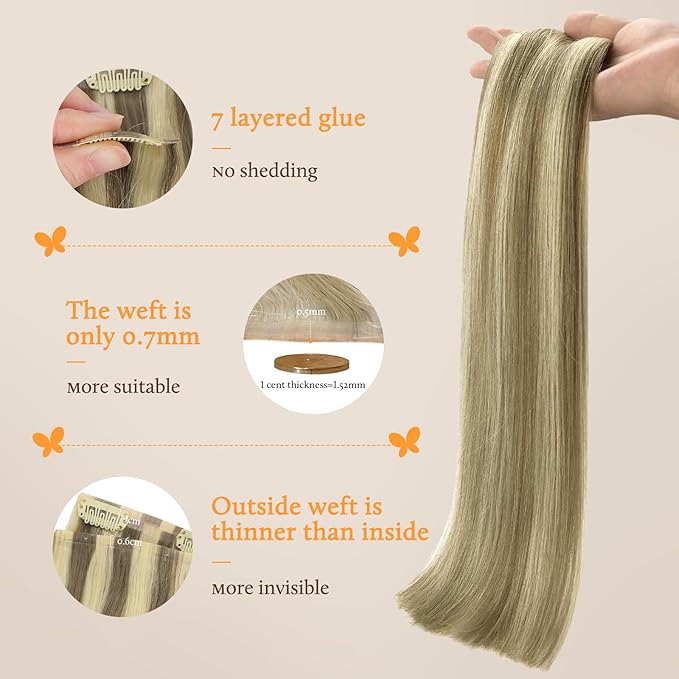 DOORES Real Human Hair Extensions, Light Brown Highlighted Medium Blonde, 7pcs 110g 16 Inch Seamless Clip in, Remy Hair, Natural Straight, Invisi Edge
