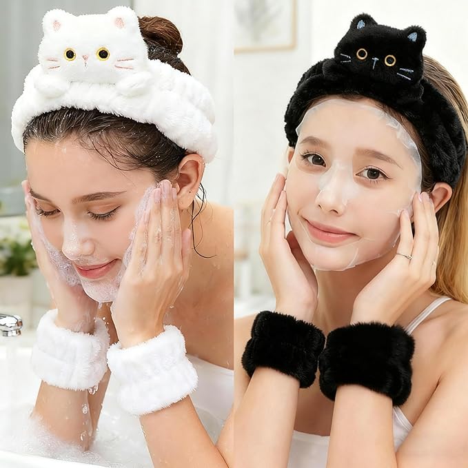 9PCS Cute Cat Ears Spa Headband for Washing Face Makeup Skincare Headband with Wrist Bands, Sleepover Party Supplies for Women/Teen Girl Trendy Stuff Present (9PCS 3D cat)