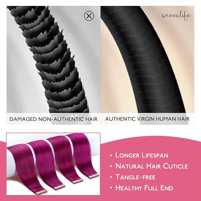 WENNALIFE Tape in Hair Extensions Human Hair Violet Tape in Extensions, 10pcs 25g 14 inch Remy Invisible Tape Ins Straight Colored Soft Real Human Hair Tape in Extensions Refill Set Extensions