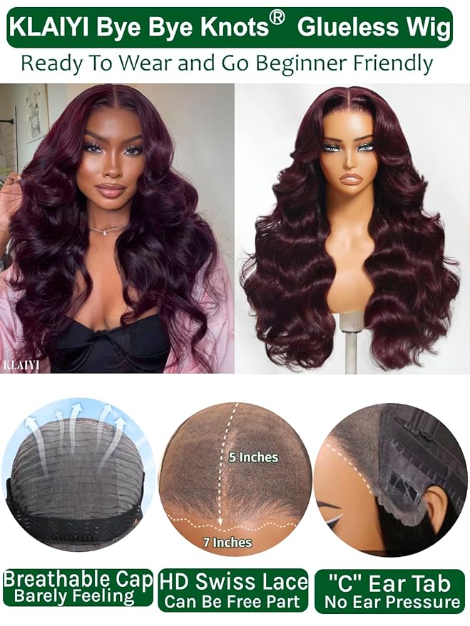 KLAIYI Black Cherry Loose Body Wave Bye Bye Knots Glueless Wig 7x5Precut Lace Front Wigs Human Hair Drawstring Pre Plucked Bleached 30S Ready to Wear and Go Wig with Face Framing Bangs Burgundy 18Inch