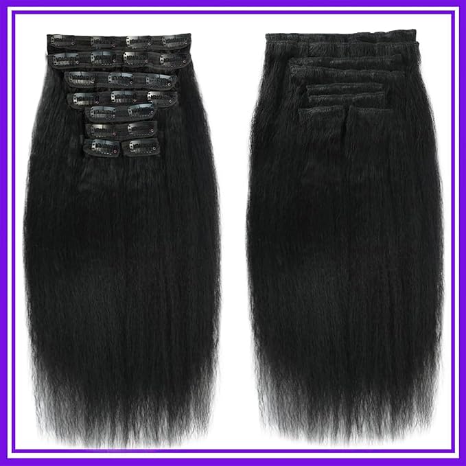 Kinky Straight Clip in Hair Extensions 16 Inch Human Hair Yaki Straight Clip ins Seamless Remy Human Hair Clip in Extensions for Women Natural Black 8Pcs 100g 20 Clips