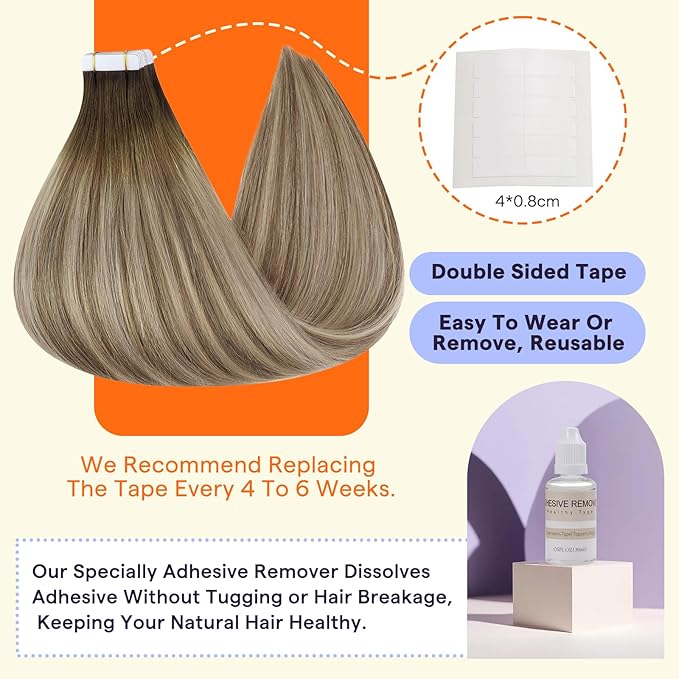 Full Shine Tape in Hair Extensions 16 Inch Tape Hair Extensions Balayage Color 3 Dark Brown Fading to 8 Ash Brown Highlight 22 Blonde Straight Real Human Hair Tape Ins 50G 20PCS Add Volume