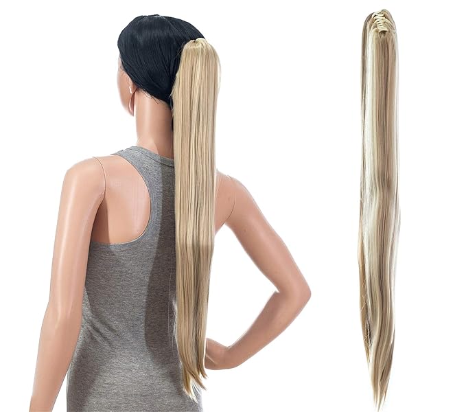 SWACC 28-Inch Long Straight Claw Clip Ponytail Extensions Synthetic Hair Extensions Ponytail Jaw Clip Hair Pieces for Women (Dark Honey Blonde/Bleach Blonde Highlights-16H613)