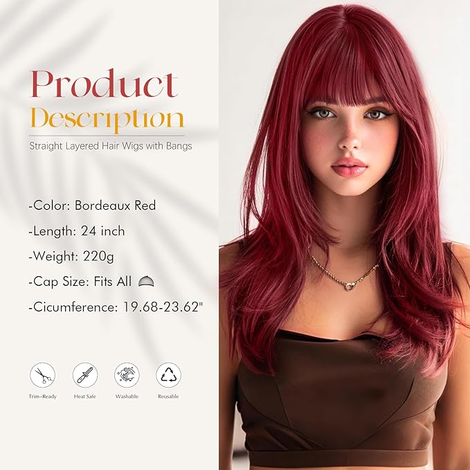 SOFEIYAN Long Straight Layered Wine Red Wig with Bangs 24 Inch Synthetic Natural Hair Burgundy Wig Soft Heat Resistant Long Wigs for Women Daily Party Use