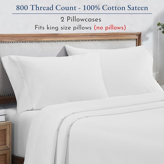 California Design Den Heirloom Soft, Smooth & Thick Certified 800 Thread Count 100% Cotton Sateen, 2 King Size Pillow Cases, Fits King Pillows (Bright White)
