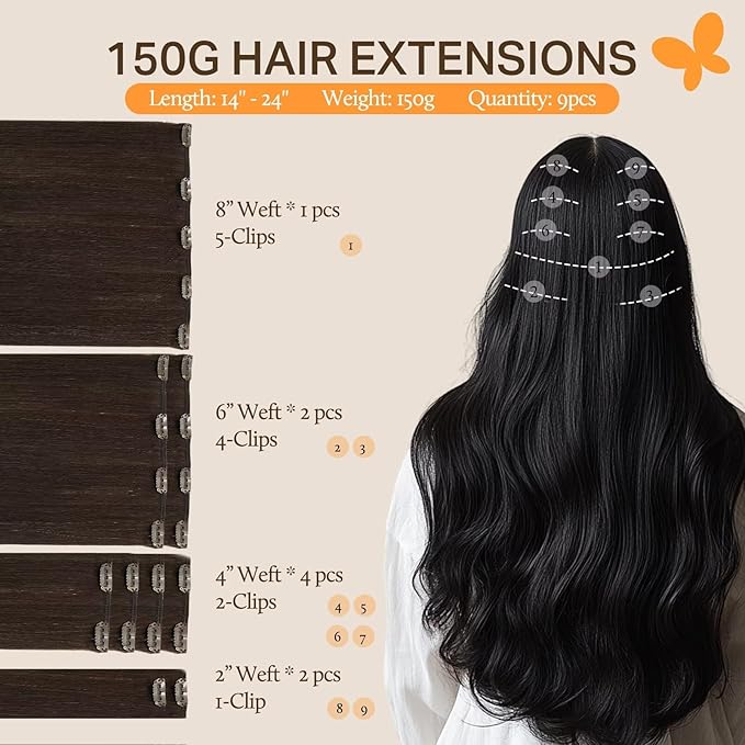 DOORES Clip in Hair Extensions, Light Dark Brown 24 Inch 150g 9pcs, Remy Hair Extensions Clip in Human Hair Human Hair Extensions Clip ins Extensions Human Hair Natural Straight Thick Hair Extensions