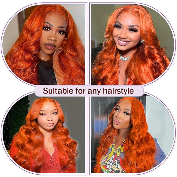 Ginger Orange 13x6 HD Lace Front Wigs Human Hair Pre Plucked 350# Body Wave Wigs for Women 200% Density Orange Frontal Human Hair Wig Bleached Knots with Baby Hair (28inch)