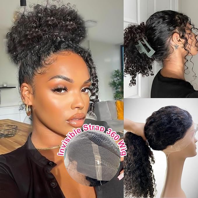 360 Glueless Drawstring Wig Human Hair 22 Inch Pre Plucked Hidden Strap 360 Water Wave Lace Front Wigs,180% Density Curly Wet and Wavy HD Full 360 Lace Frontal Human Hair Wig