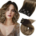 Moresoo 14 inch Clip in Hair Extensions Human Hair Remy Double Weft Human Hair Clip in Extensions Balayage Hair Extensions for Women Ombre Dark Brown to Dark Ash Blonde with Golden Blonde 5pcs 80g