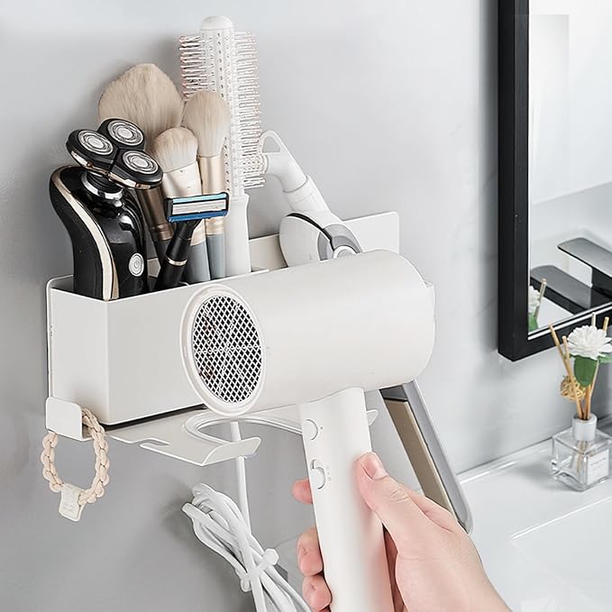 Hair Dryer Holder,Stainless Steel Wall Mounted Blow Dryer,Curling Iron,Straightener Holder Bathroom Metal Hair Tool Organizer Rack- White