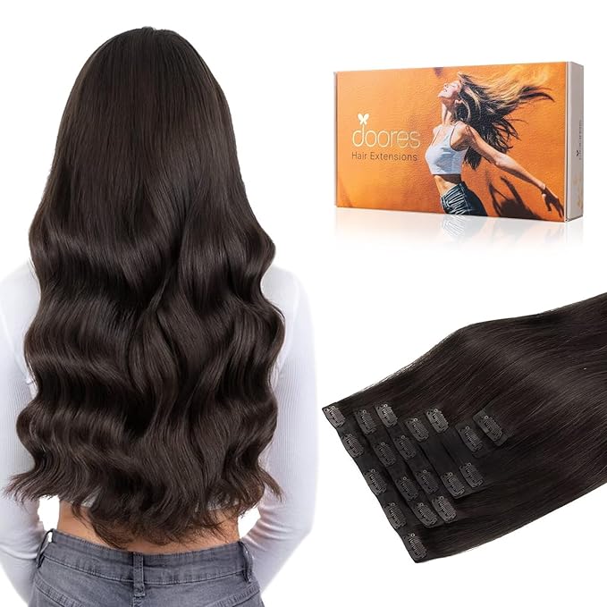 DOORES Hair Extensions Human Hair Seamless Clip in, Dark Brown 20 Inch 7pcs 150g, Straight Remy Extensions Thin Weft Thick Natural Weft