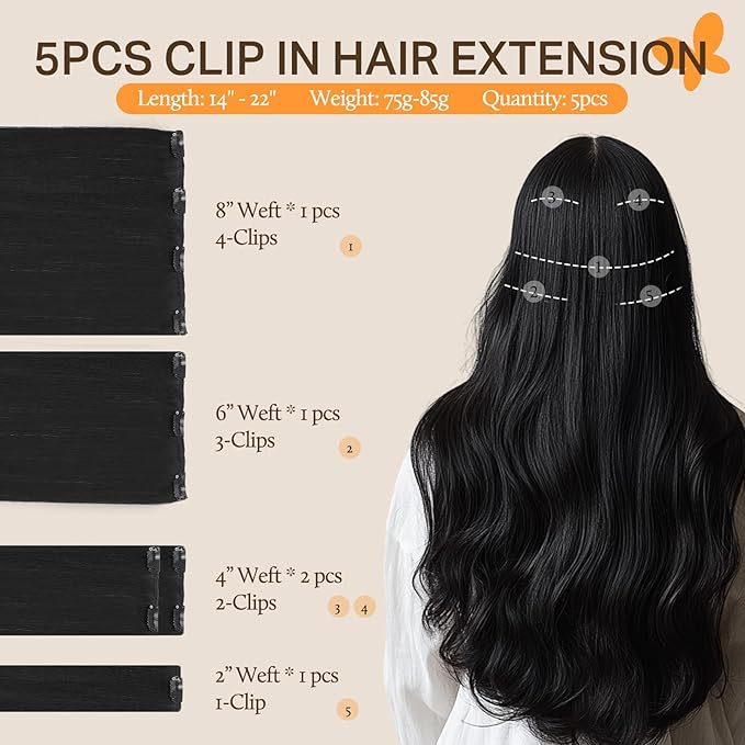 DOORES Hair Extensions Clip in Human Hair, 5pcs 75g 14 Inch Jet Black Clip in Human Hair Extensions Remy Hair Extensions Straight