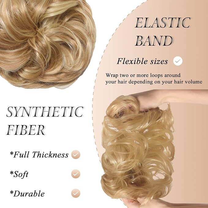 Large Messy Bun Hair Piece Curly Synthetic Extensions Scrunchies Fake Chignon Updo Hairpieces for Women Blonde Highlights