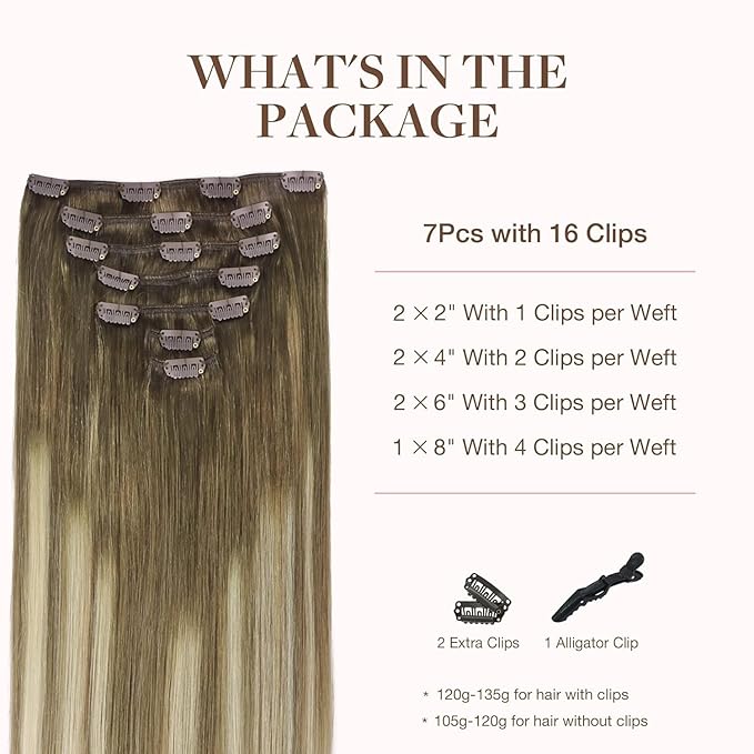 GOO GOO Clip in Hair Extensions Real Human Hair, Remy Human Hair Extensions Clip ins for Women, Natural Human Hair, 22inch 120g 7Pcs, 3/8/613 Balayage Walnut Brown to Ash Brown and Bleach Blonde